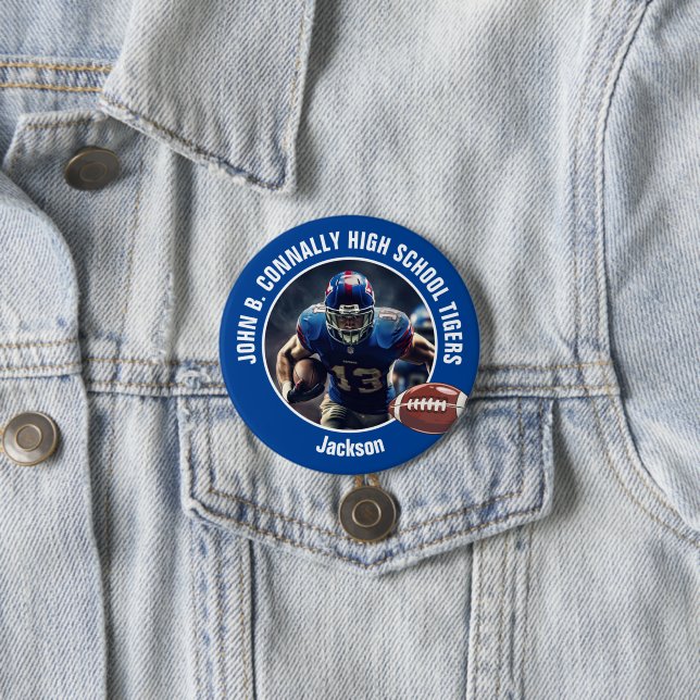 Badge Rond 7,6 Cm Joueur de football du lycée bleu photo grand braqu (En situation)