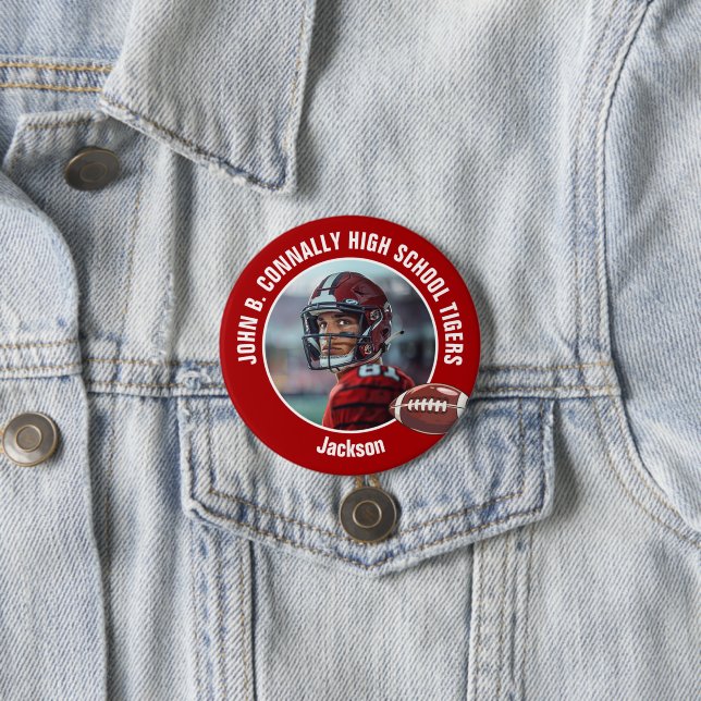 Badge Rond 7,6 Cm Joueur de football du lycée Rouge Photo Grand Brag (En situation)