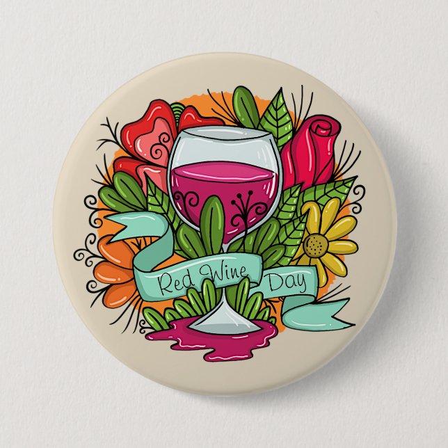 Badge Rond 7,6 Cm Journée du vin rouge rétro, vin arstère fleuri (Devant)