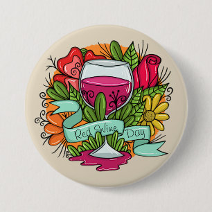 Badge Rond 7,6 Cm Journée du vin rouge rétro, vin arstère fleuri