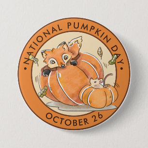 Badge Rond 7,6 Cm Journée nationale du Citrouille, aquarelle, renard