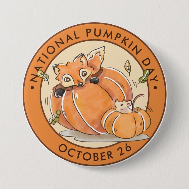 Badge Rond 7,6 Cm Journée nationale du Citrouille, aquarelle, renard (Devant)