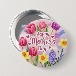 Badge Rond 7,6 Cm Joyeuse fête des Mères, fleurs printanières,