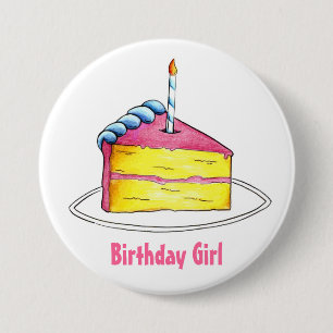 Badge Rond 7,6 Cm Joyeuse Fille d'anniversaire Couche rose Cake Slic