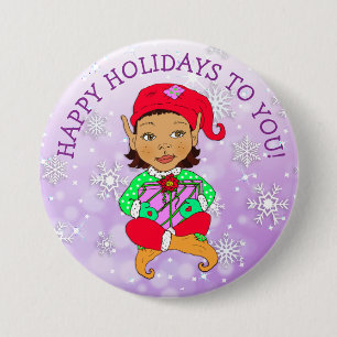 Badge Rond 7,6 Cm Joyeuses vacances à vous fille Elf et Snowflakes