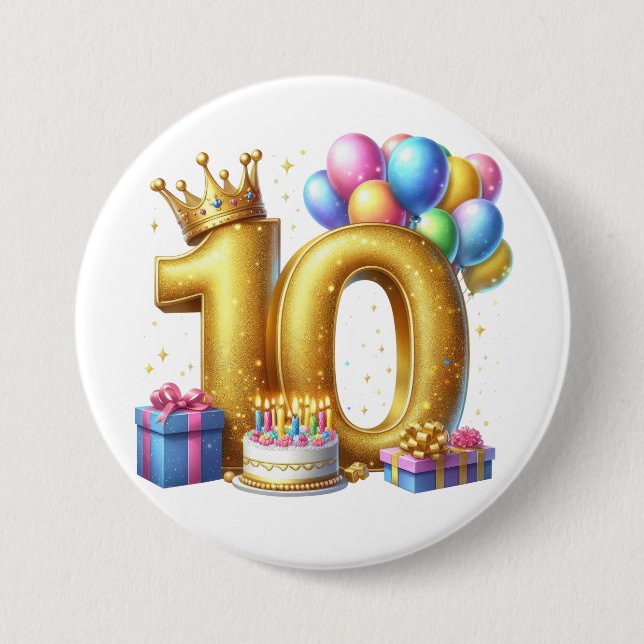 Badge Rond 7,6 Cm Joyeux 10ème Anniversaire (Devant)