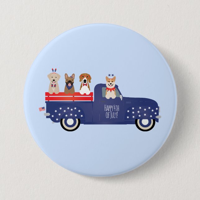 Badge Rond 7,6 Cm Joyeux 4 Juillet Chiens Pickup Camion (Devant)