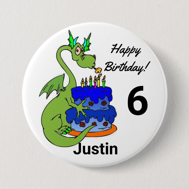 Badge Rond 7,6 Cm Joyeux Anniversaire Dragon Personnaliser Nom Age (Devant)