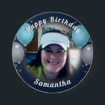 Badge Rond 7,6 Cm Joyeux Ballons d'anniversaire et Bouton bleu photo<br><div class="desc">Tout le texte est réglable ! Ballons amusants et confetti joyeux anniversaire un bouton photo. Toutes les oeuvres de Valarie Wade.</div>