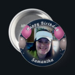 Badge Rond 7,6 Cm Joyeux ballons d'anniversaire et rose photo<br><div class="desc">Tout le texte est réglable ! Ballons amusants et confetti joyeux anniversaire un bouton photo. Toutes les oeuvres de Valarie Wade.</div>