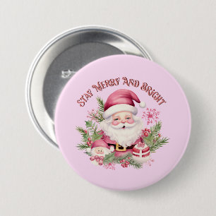 Badge Rond 7,6 Cm Joyeux et lumineux - Père Noël rose