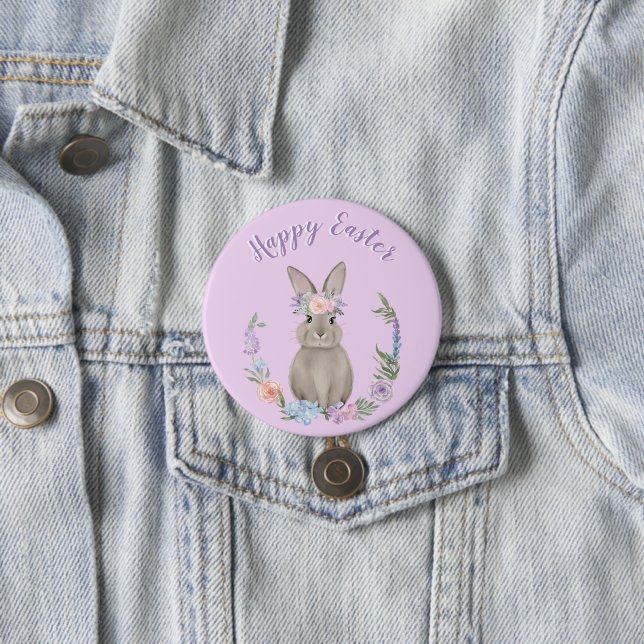 Badge Rond 7,6 Cm Joyeux lapin de Pâques et fleurs (En situation)
