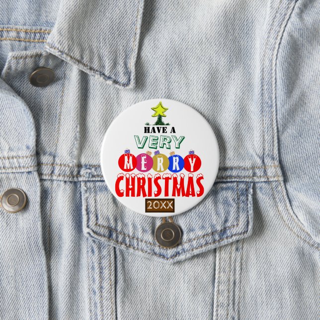 Badge Rond 7,6 Cm Joyeux Noël Arbre Rouge Bleu Or Ornements (En situation)