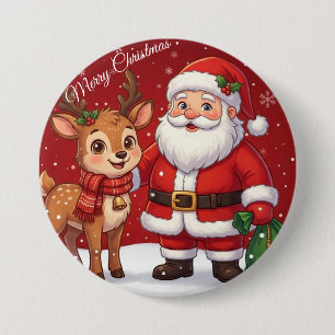 Badge Rond 7,6 Cm Joyeux Noël avec le Père Noël mignon et les rennes