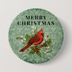 Badge Rond 7,6 Cm Joyeux Noël Cardinal Rouge Vintage 