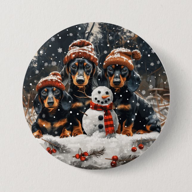 Badge Rond 7,6 Cm Joyeux Noël Chiens Chiens Snowman (Devant)