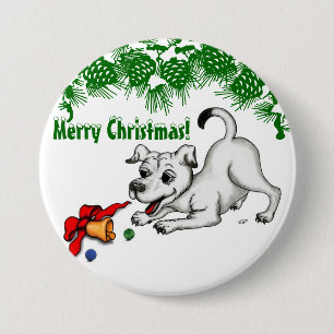 Badge Rond 7,6 Cm Joyeux Noël ! Chiot avec Bell et Ball