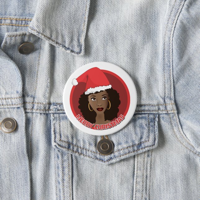 Badge Rond 7,6 Cm Joyeux Noël, Femme noire Santa Hat (En situation)