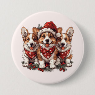 Badge Rond 7,6 Cm Joyeux Noël Pembroke Welsh Corgi Puppies