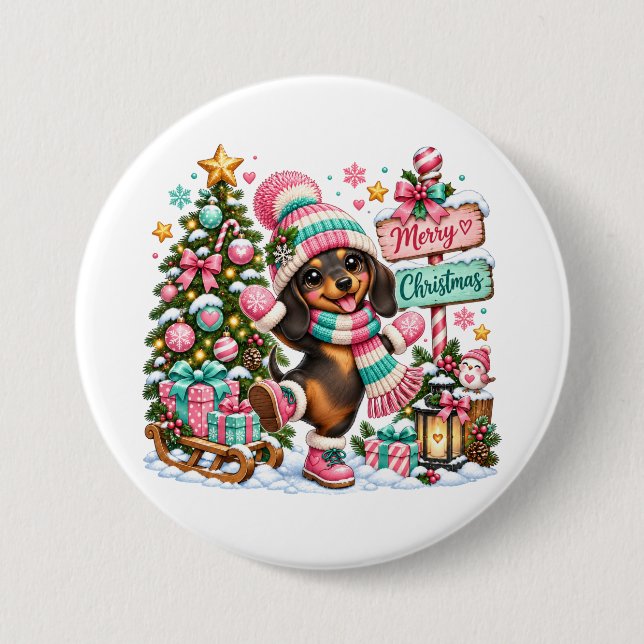 Badge Rond 7,6 Cm Joyeux Noël Teckel (Devant)