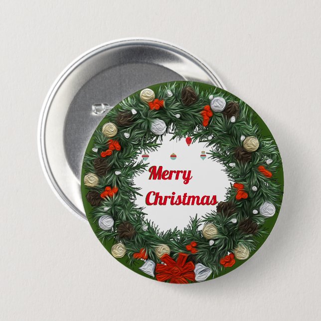 Badge Rond 7,6 Cm Joyeux Noël Vert Wreath Aquarelle (Devant & derrière)