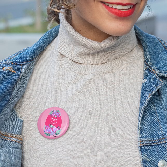 Badge Rond 7,6 Cm Joyeux oeuf rose fleuri à l'aquarelle de Pâques (Créateur téléchargé)