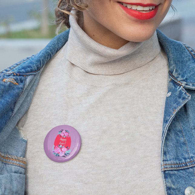Badge Rond 7,6 Cm Joyeux oeuf rouge fleuri à l'aquarelle de Pâques (Créateur téléchargé)