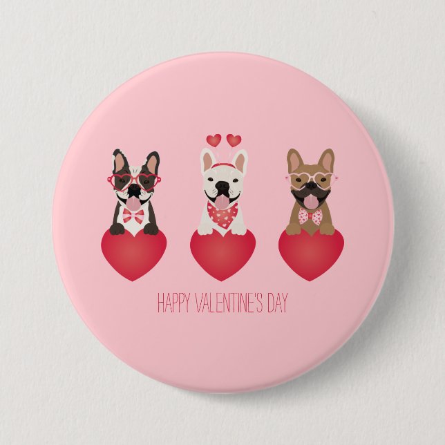 Badge Rond 7,6 Cm Joyeux Valentines Day Bulldogs français (Devant)