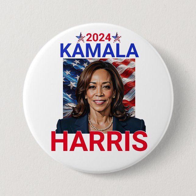 Badge Rond 7,6 Cm Kamala Harris 2024 Rouge, Blanc et Bleu (Devant)