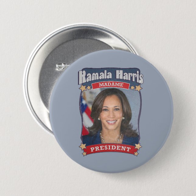 Badge Rond 7,6 Cm Kamala Harris Madame President Card (Devant & derrière)