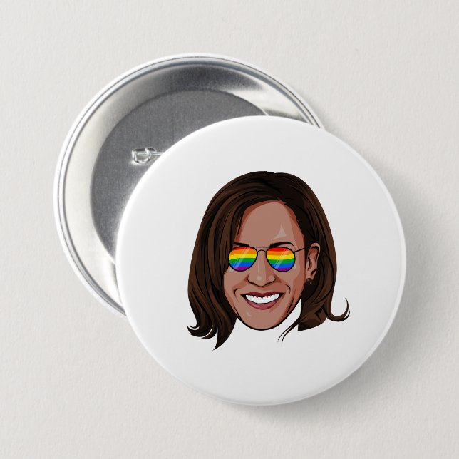 Badge Rond 7,6 Cm Kamala Harris - Tête avec Aviateurs Arc en ciel (Devant & derrière)