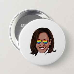 Badge Rond 7,6 Cm Kamala Harris - Tête avec Aviateurs Arc en ciel