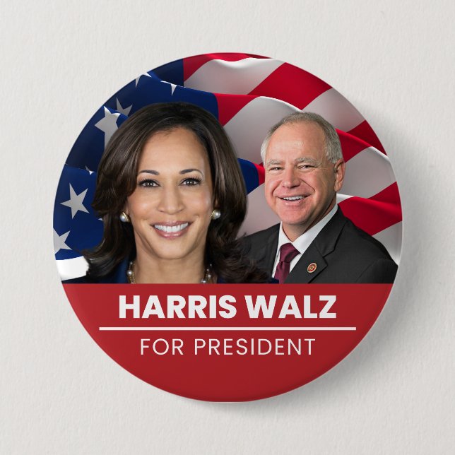 Badge Rond 7,6 Cm Kamala Harris Tim Walz Pour Président 2024 (Devant)
