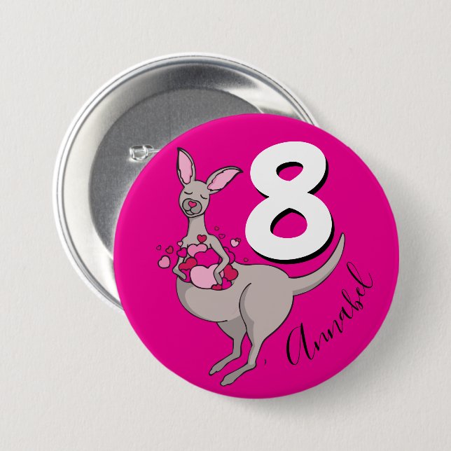 Badge Rond 7,6 Cm Kangaroo filles 8e anniversaire nom bouton rose (Devant & derrière)