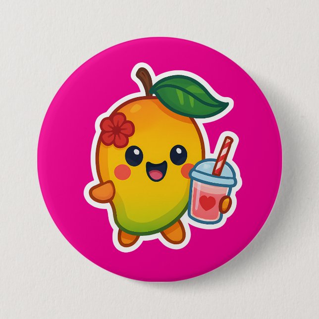 Badge Rond 7,6 Cm Kawaii Mango - Fruit d'amour avec Smoothi de coeur (Devant)