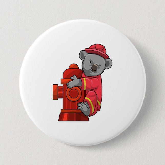 Badge Rond 7,6 Cm Koala as Firefighter with Fire hydrant (Devant)