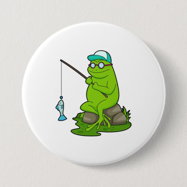 Badge Rond 7,6 Cm La grenouille comme pêcheur avec la canne à pêche  (Devant)