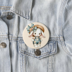 Badge Rond 7,6 Cm Lapin mignon en salopette avec chapeau de paille e