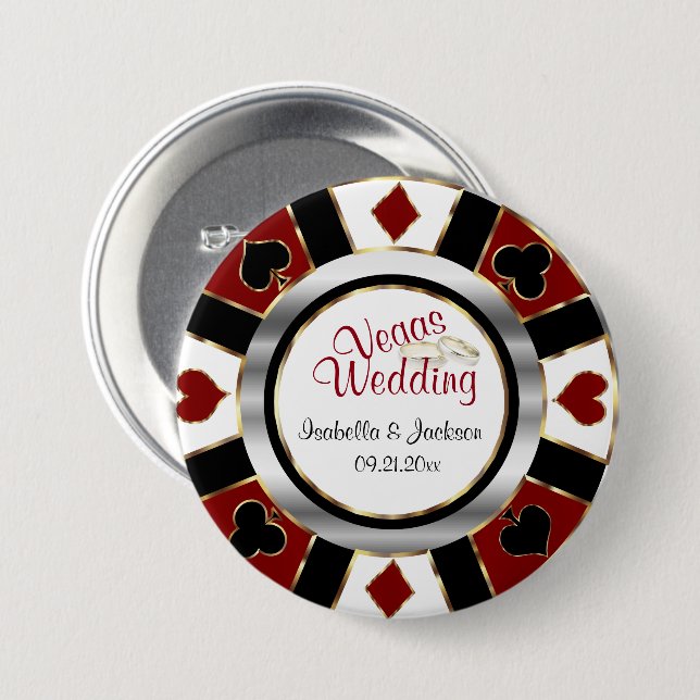 Badge Rond 7,6 Cm Las Vegas Style Mariage noir rouge et or (Devant & derrière)
