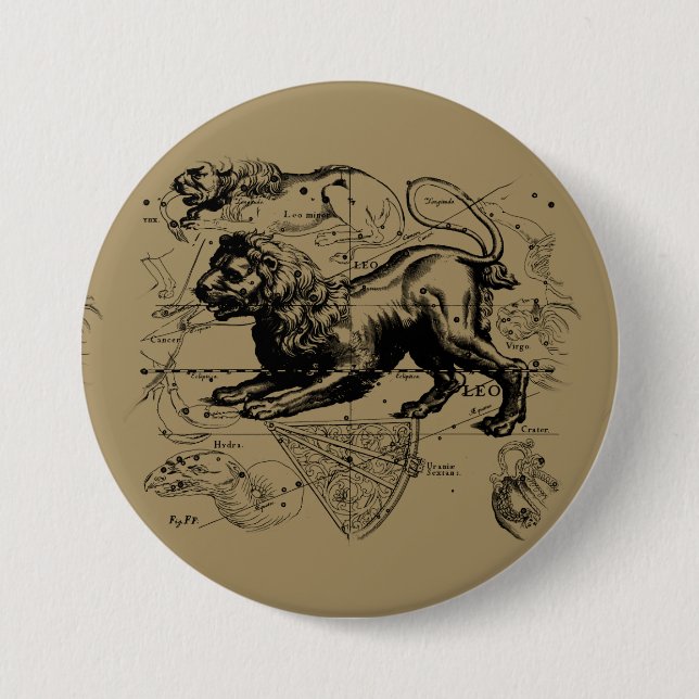 Badge Rond 7,6 Cm Leo Constellation Carte Hevelius vers 1690 (Devant)