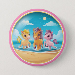 Badge Rond 7,6 Cm Les mignons Ponies sur la plage