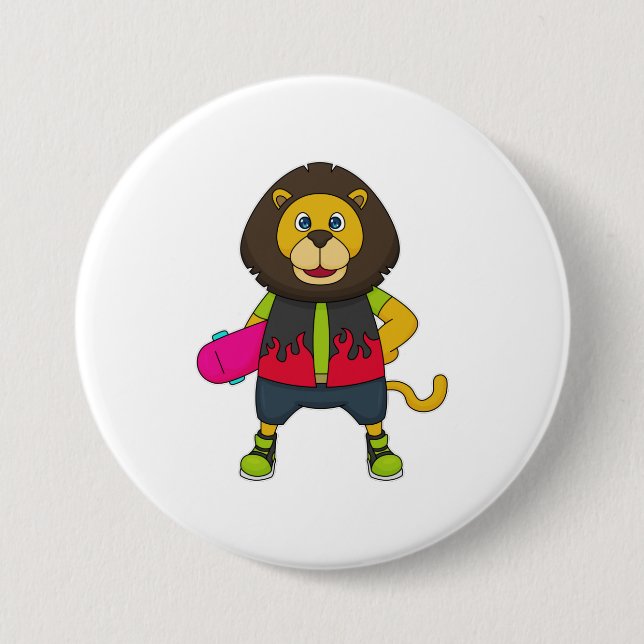 Badge Rond 7,6 Cm Lion as skater with skateboard (Devant)