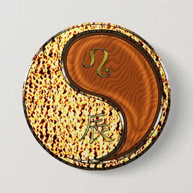 Badge Rond 7,6 Cm Lion & Dragon de Bois (Devant)