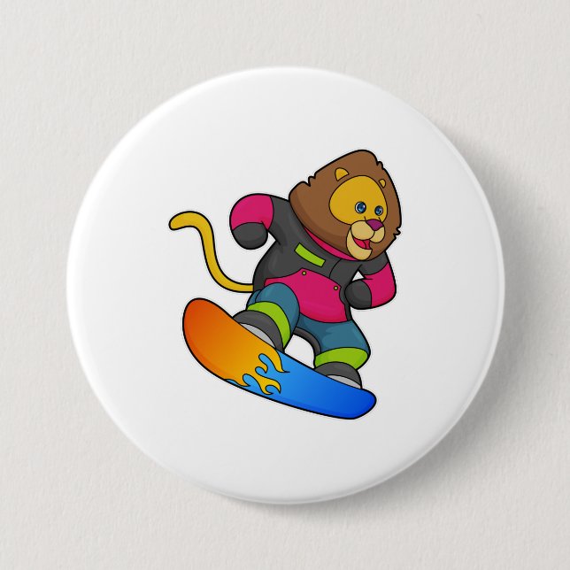 Badge Rond 7,6 Cm Lion en Snowboard avec Snowboard (Devant)