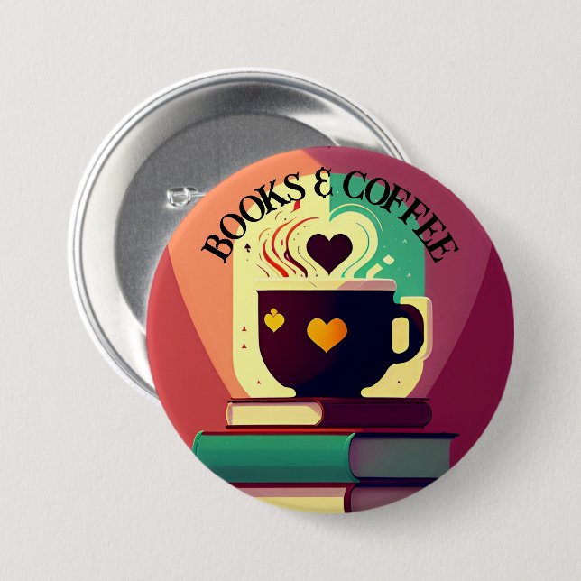 Badge Rond 7,6 Cm Livres Et Café (Devant & derrière)