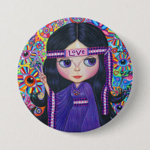 Badge Rond 7,6 Cm Love Headband Hippie Girl Doll Purple Psychedelic