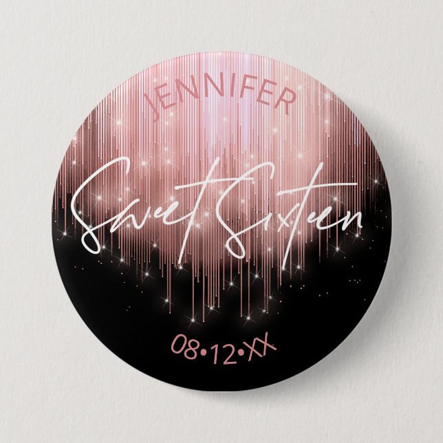 Badge Rond 7,6 Cm Lumières en cascade Sweet 16 Rose Gold ID790 (Devant)