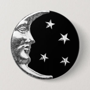 Badge Rond 7,6 Cm Lune et étoiles d'art déco - noir et argent