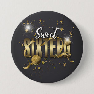 Badge Rond 7,6 Cm Lune et étoiles Sweet 16 Gold/Blk ID788