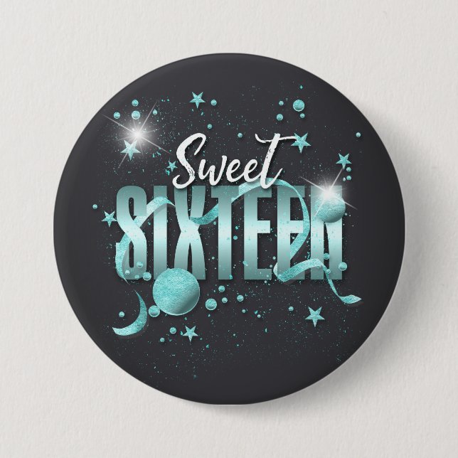 Badge Rond 7,6 Cm Lune et Étoiles Sweet 16 Turquoise/Noir ID788 (Devant)